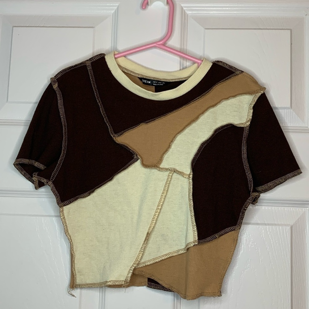 SHEIN Inside Out Patchwork Cropped T-Shirt Women’s Size Extra Small Browns Beige